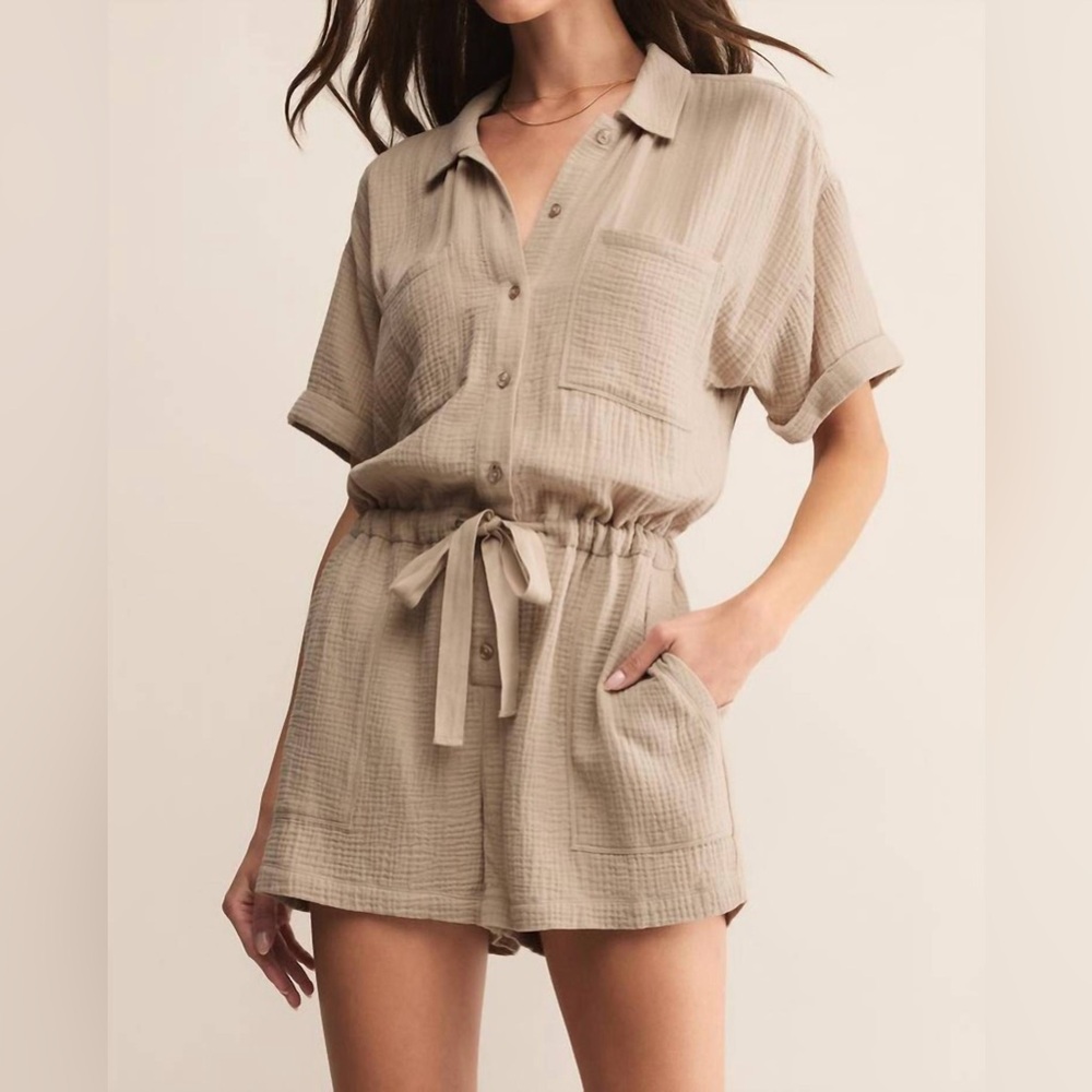 Z Supply Gauze Romper | Taupe Beige Button Front Tie Waist | Casual Chic- M